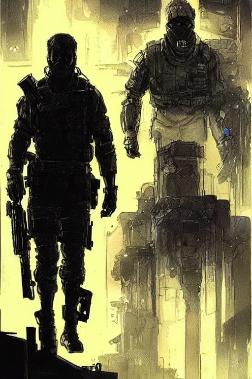 Prompt: ghost. Buff blackops mercenary in near future tactical gear and cyberpunk headset. Blade Runner 2049. concept art by James Gurney and Mœbius.