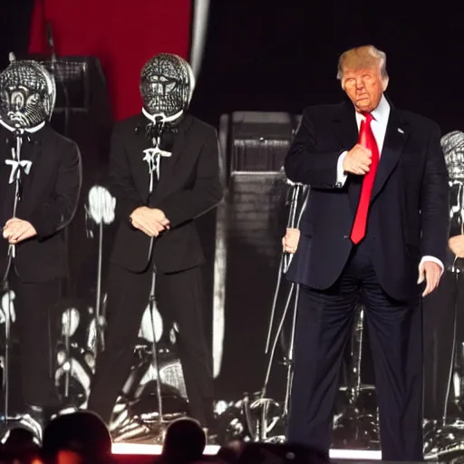 Prompt: donald trump on stage as the lead vocalist in a black metal band