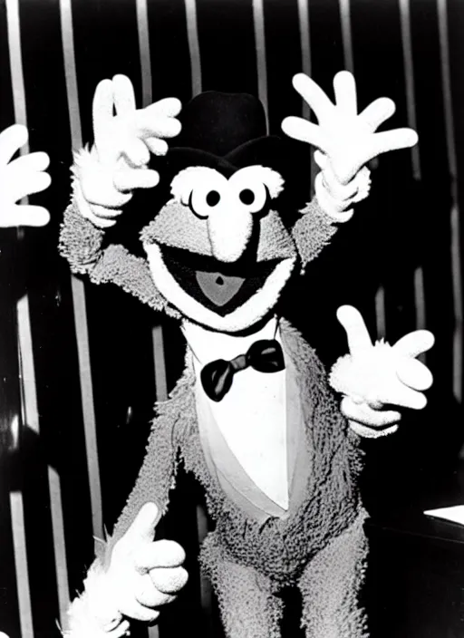 Prompt: a black and white photograph of gonzo the muppet at a speakeasy, from 1 9 3 5