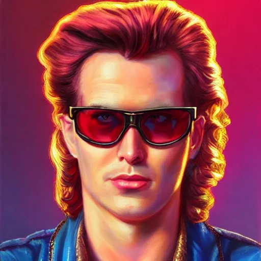 Prompt: outrun synthwave portrait of glamor shakespeare in sunglasses, theater background | highly detailed | very intricate | professional model | cinematic lighting | painted by donato giancola and mandy jurgens and charlie bowater | bold colors, artdeco, art deco vaporwave anime aesthestic, 8 0's nostalgia | featured on artstation