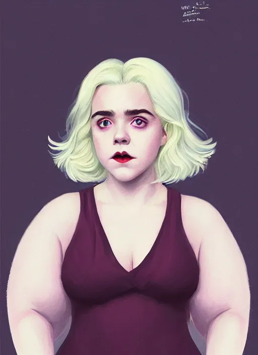 Image similar to full body portrait, kiernan shipka as sabrina spellman, white hair, obese, bangs, sultry, realistic, sultry smirk, fluffy bangs, curly bangs, fat, belly, intricate, elegant, highly detailed, digital painting, artstation, concept art, smooth, sharp focus, illustration, art by wlop, mars ravelo and greg rutkowski