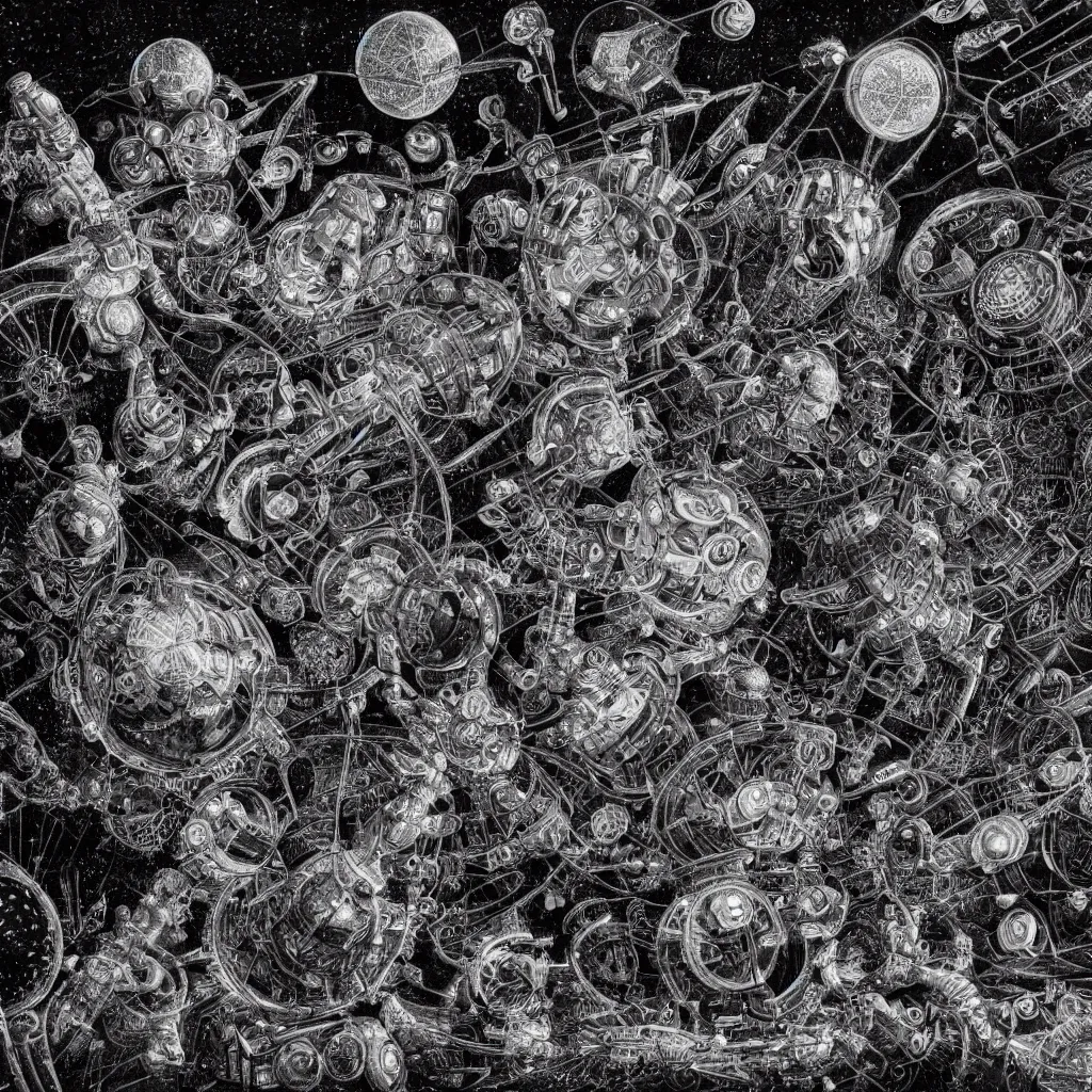 Image similar to a black and white drawing of a chrome space station filled with equipment, a microscopic photo by ernst haeckel, zbrush central, kinetic pointillism, bioluminescence, intricate patterns, photoillustration