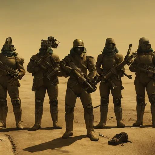 Image similar to cinematic shot of a group of fallout NCR soldiers holding rifles standing outside of a gas station in the desert, 8k, dslr, depth of field,