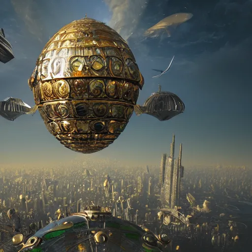 Prompt: enormous flying city in a faberge egg, sky, steampunk, fantasy art, masterpiece, hugh ferriss, octane render