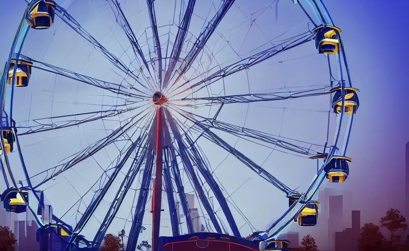 Image similar to one ferris wheel at sunrise, concept art, hyperrealistic, octane render, unreal engine 5, path traced, highly detailed, high quality, 8 k, dramatic lighting, cinematic, high coherence, symmetrical, high contrast, 1 9 8 0 s style, lens flare, godrays