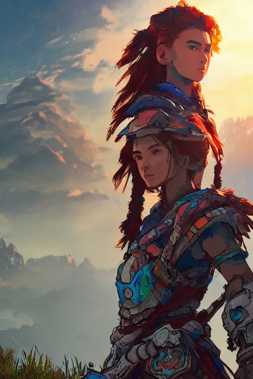 Image similar to combination suit armor aloy horizon forbidden west horizon zero dawn radiating a glowing aura global illumination ray tracing hdr fanart arstation by ian pesty and alena aenami artworks in 4 k tribal robot ninja mask helmet backpack