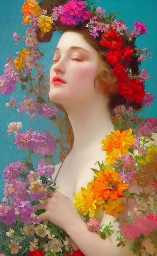 Prompt: a bright vibrant oil painting of a beautiful woman on a white background, flowers, painted by mucha, floral headdress, 8 k resolution, octane render, trending on artstation, volumetric light