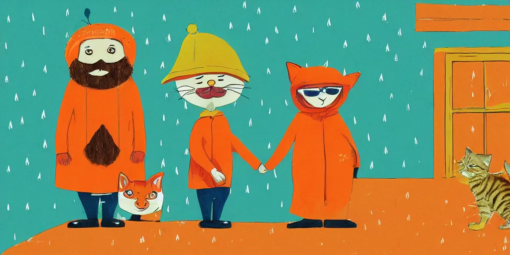 Image similar to a beard man and an orange tabby kitten standing in the rain by richard scarry