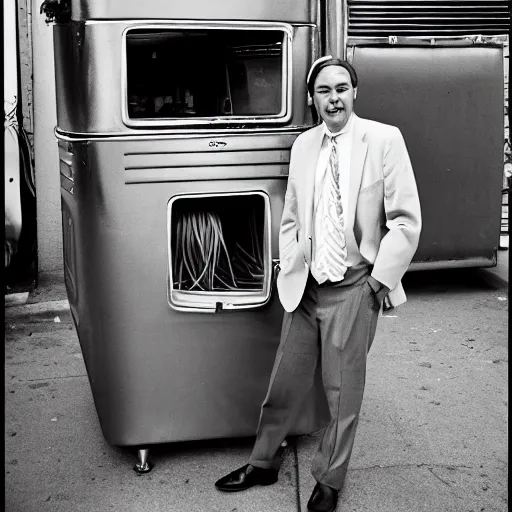 Image similar to spaghetti face man in a suit standing in front of the thrash can in san - francisco, photo 4 k, direct flash, bottom up, high resolution, film photography,