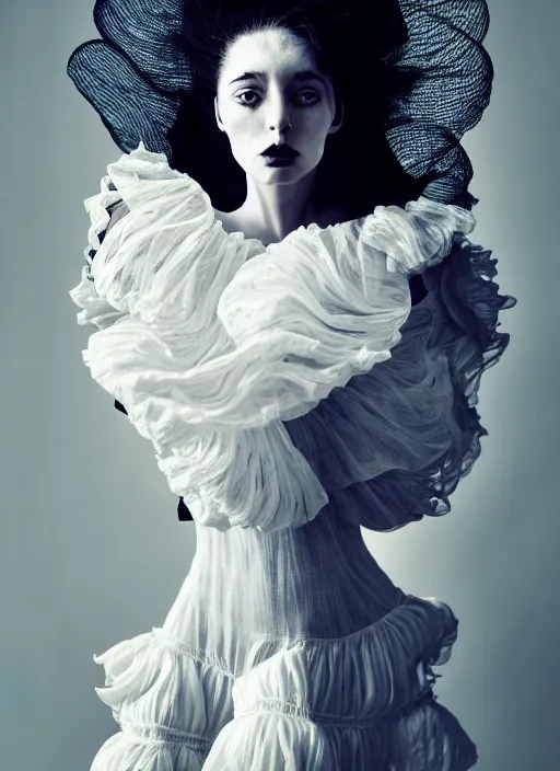 Image similar to a full body portrait of a woman by justin ridler wearing an intricate billowing dress, face in the style of irakli nadar