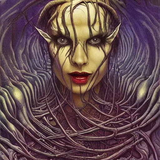 Prompt: queen of the elves, fluid, smooth, organic, crazy, bright, colours, tumours, high contrast, sharpness, dramatic, very detailed, intricate, by hr giger and richard corben and zdzisław beksinski