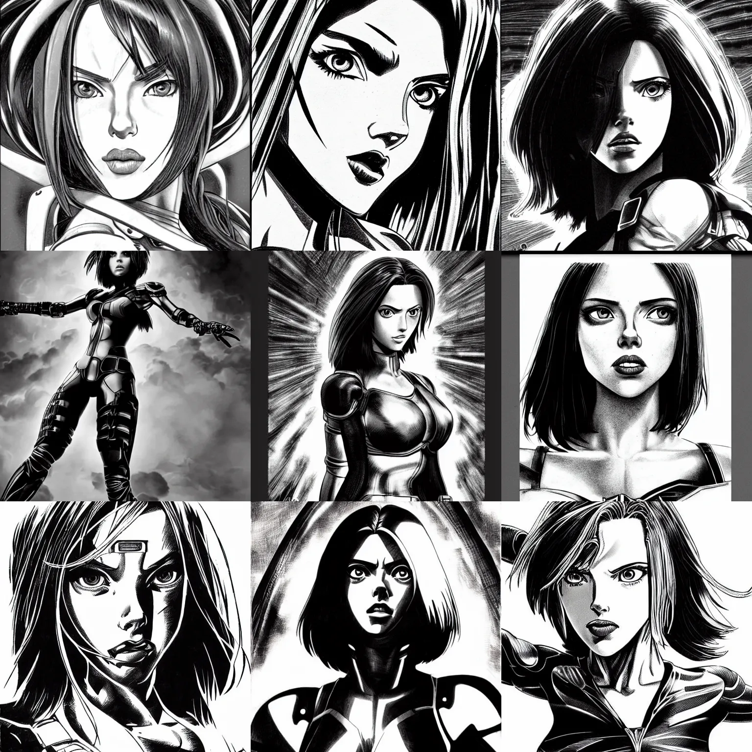 Prompt: scarlett johansson, incredibly fine detailed, battle angel alita, black and white, dynamic angle, pencil and ink manga, elegant, full body profile, highly detailed, dramatic lighting, depths of field effect