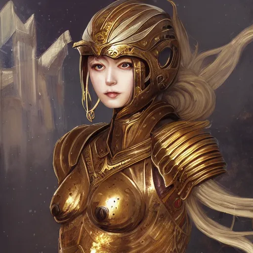 Prompt: portrait knights of Zodiac girl, golden and copper armor, in ruined ancinet Agora of Athens, ssci-fi, fantasy, intricate, very very beautiful, elegant, highly detailed, digital painting, artstation, concept art, smooth, sharp focus, illustration, art by WLOP and tian zi and artgerm