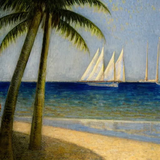 Prompt: a ultradetailed beautiful painting of a sail boat in the amazonas palace balustrade designed by jules bastien - lepage, tarsila do amaral, frank weston and gustave baumann, beach, trending on artstation, mediterranean, palm trees, sharp focus, soft light, 8 k 4 k