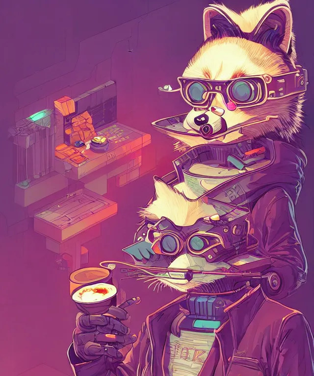 Prompt: a portrait of an anthropomorphic cyberpunk raccoon eating sushi, cyberpunk!, fantasy, elegant, digital painting, artstation, concept art, matte, sharp focus, illustration, art by josan gonzalez