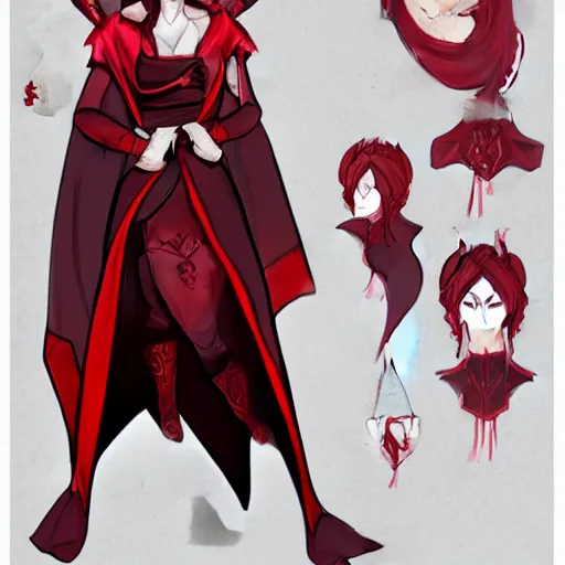 Prompt: Dungeons and Dragons character art for a female tiefling with red skin, horns, and a black cloak