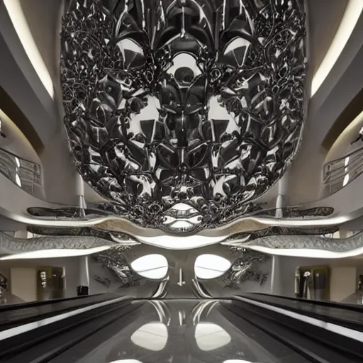 Image similar to extremely detailed ornate stunning beautiful elegant futuristic museum lobby interior by Zaha Hadid