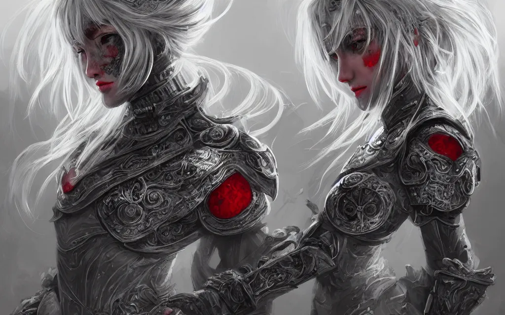 Image similar to light grey hair portrait knights of zodiac girl + smoky eyes, matt black / little red color armor, in ruined agora of athens, ssci - fi and fantasy, intricate and very very beautiful and elegant, highly detailed, digital painting, artstation, concept art, frostbite engine, smooth and sharp focus, illustration, art by tian zi and wlop and alphonse mucha