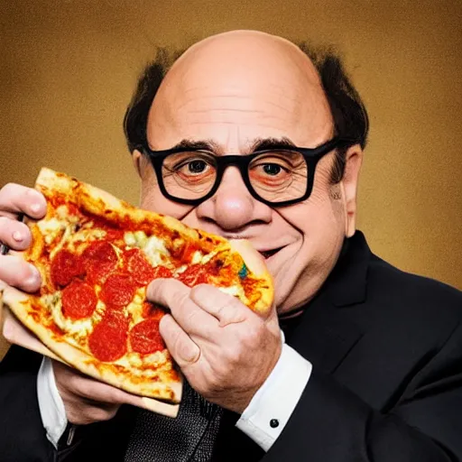 Image similar to digital art of portrait of danny devito as a muppet eating pizza, excited facial expression, head - and - shoulders shot, white background, cute pixar character, houdini 3 d render