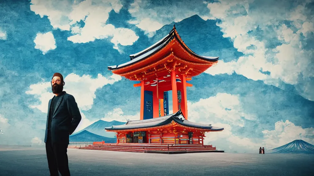 Prompt: portrait of a bearded german photographer at a vast temple under a vivid sky, aomori japan, a collage painting, in the style of wes anderson, lola dupre, david hockney, isolated on negative white space background dark monochrome neon spraypaint accents volumetric octane render