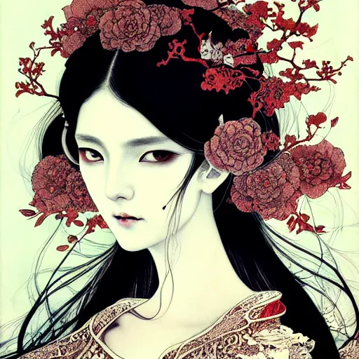 Prompt: portrait painted in zhang jingna style drawn by vania zouravliov and takato yamamoto, inspired by dark fairytales, intricate acrylic gouache painting, high detail, sharp high detail, artstation