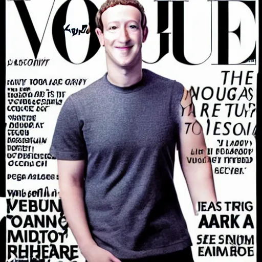 Prompt: mark zuckerberg wearing high costure clothes) in the front page of vogue