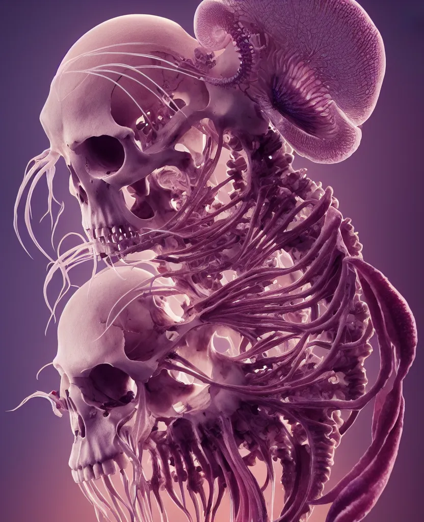 Image similar to symmetry!! goddess close - up portrait human skeleton, ram skull, squid phoenix jellyfish, orchid, betta fish, bioluminiscent, intricate artwork by tooth wu and wlop and beeple. octane render, trending on artstation, greg rutkowski very coherent symmetrical artwork. cinematic, hyper realism, high detail, octane render, 8 k