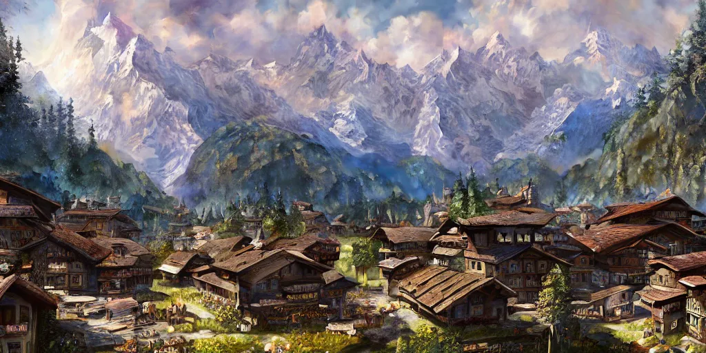 Prompt: A Swiss town as Far Cry 4 concept art, spring season, beautiful, gorgeous buildings, oil painting, painting by Viktor Vasnetsov, concept art, fantasy cityscape, swiss architecture, painting by Ivan Shishkin, hyperborea, high resolution, trending on artstation,