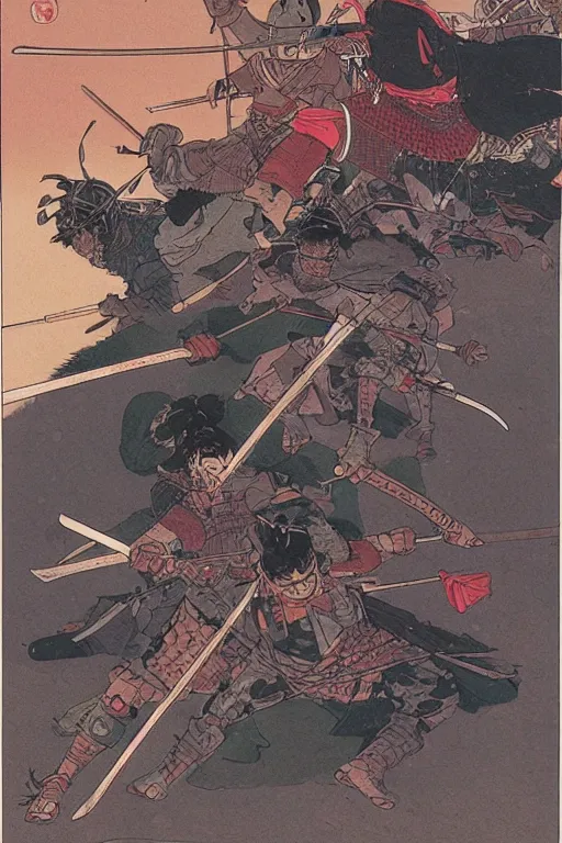 Image similar to a samurai battle by moebius