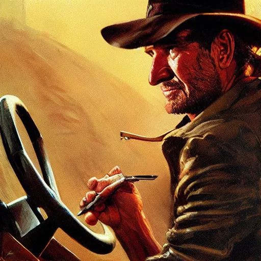 Prompt: close up indiana jones stealing a steering wheel, that is on a pedastal painted by greg rutkowski