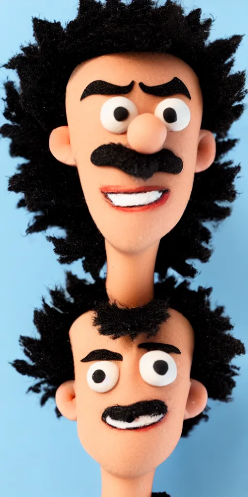 Image similar to claymation character, man with black curly hair and a smile