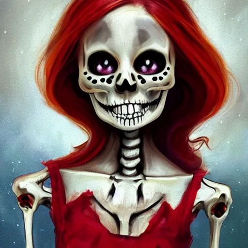 Prompt: cute & beautiful smug smiling undead skeleton girl with very attractive face and red hair dressed as a cheeleader, elegant, digital art, fullbody painting, fantasy, pixar style, painting, pin up, highly detailed, artstation, art by artgerm, vrubel, greg rutkowski, ilya kuvshinov, raymond swanland