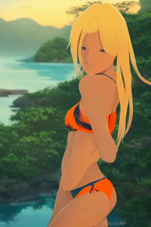 Prompt: beautiful blond woman in orange tribal bikini, blond hair pulled back, by makoto shinkai, 8 k, high resolution render, cinematic, sunset, lake, prehistoric jungle, unreal engine, clean lineart and flat color,