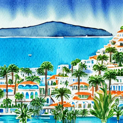 Prompt: watercolor illustration of a greek-inspired tropical island with a coastal port city with a white and blue color scheme