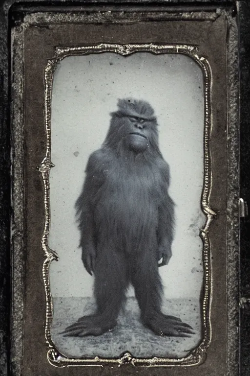 Image similar to a tintype family photo of bigfoot