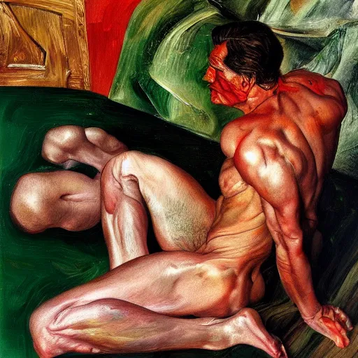 Image similar to high quality high detail painting by lucian freud and frank frazetta, hd, red and green