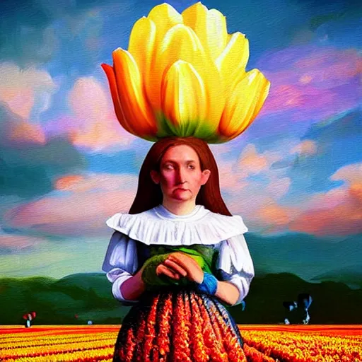 Prompt: giant tulip head dutch girl, surreal photography, flower field, sunset dramatic light, impressionist painting, colorful clouds, blue sky, digital painting, artstation, simon stalenhag