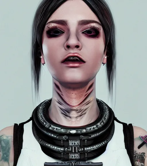 Image similar to detailed realistic female character cyberpunk wearing thick steel collar around neck, realistic, art, beautiful, 4K, collar, choker, collar around neck, punk, artstation, detailed, female, woman, choker, cyberpunk, neon, punk, collar, choker, collar around neck, thick collar, tight around neck, punk,