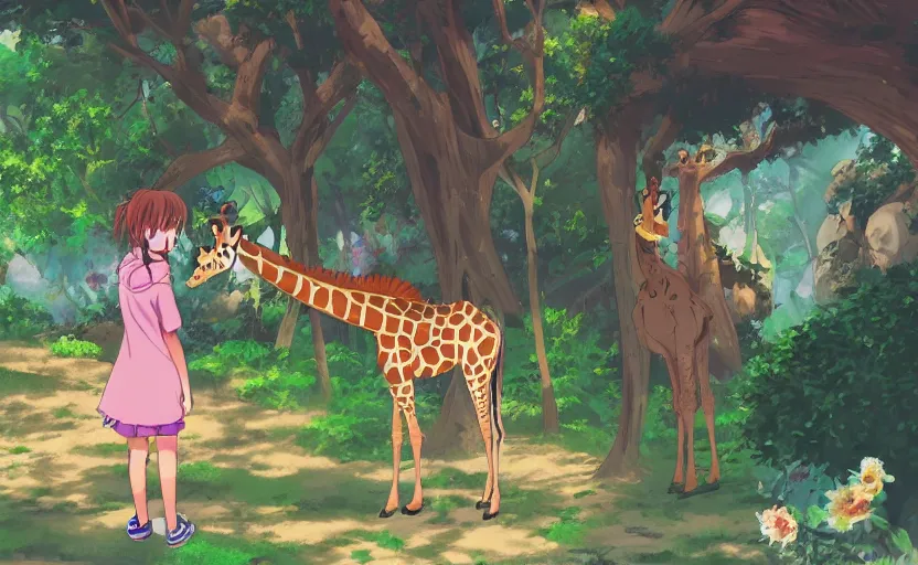 Image similar to anime girl spending her day at the zoo, feeding a giraffe, a Studio Ghibli style scene, digital art, 4k