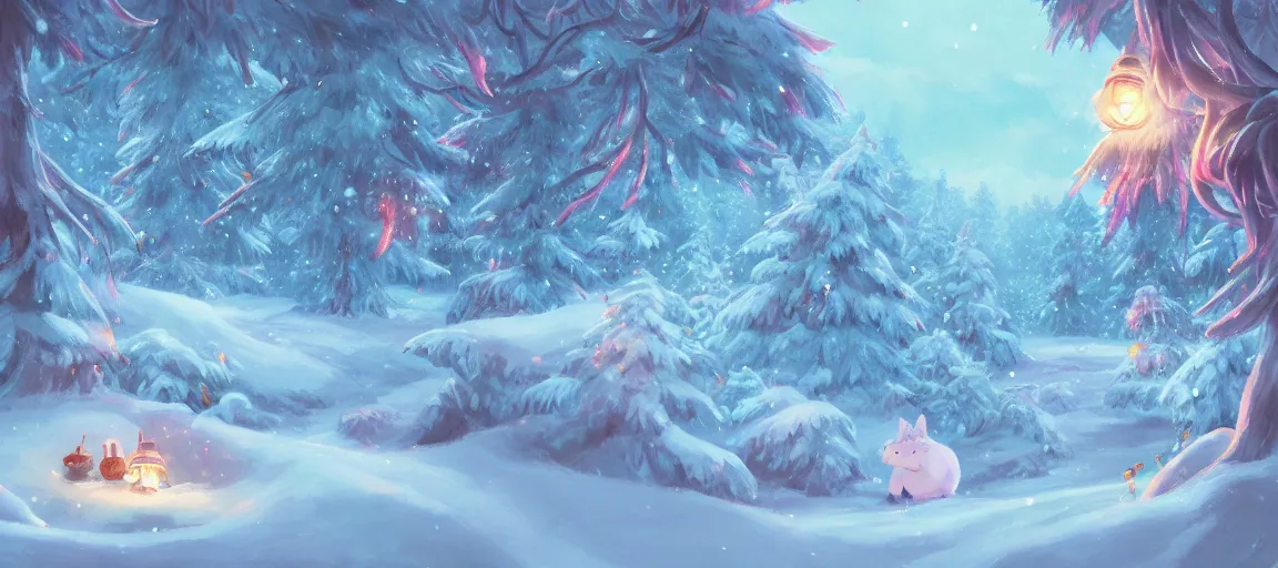 Prompt: high quality illustration of an enchanted magical winter forest::bright sunny day, glowing snow, amazing mood::art by Ghibli Studio, League of Legends, Arcane, Wild Rift, trending on artstation