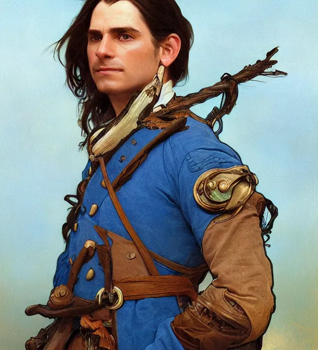 Image similar to candid portrait of a man with brown wavy hair and glowing bright blue eyes, surrounded by blue energy, powering up, wearing a blue traditional colonial military jacket, intricate, holding a spear, highly detailed, digital painting, artstation, concept art, sharp focus, cinematic lighting, illustration, art by artgerm and greg rutkowski, alphonse mucha, cgsociety