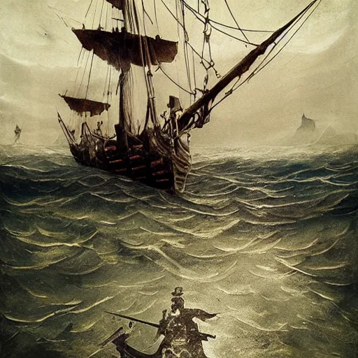 Prompt: pirate captain hunter from bloodborne on a sailing vessel, the view is from behind, bloodborne trick weapons, ocean, dark, stormy, gothic horror, renaissance painting, michelangelo