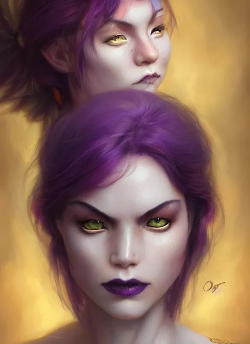 Image similar to a detailed facial portrait of a female nekomata with purple hair and orange eyes, a beautiful face, mutation, by tom bagshaw, by artgerm, by wlop, by dorian cleavenger, trending on artstation