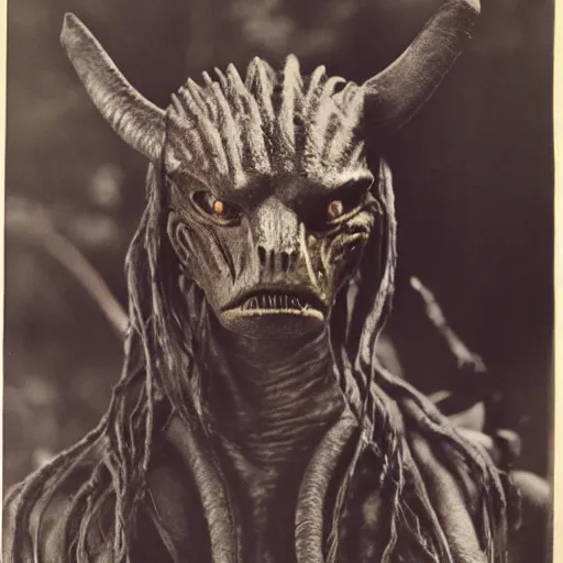 Image similar to photograph of yautja ( predator ) by edwardian, male, 1 9 0 0 s, 1 9 1 0 s, grainy, slightly blurry, faded, realistic face