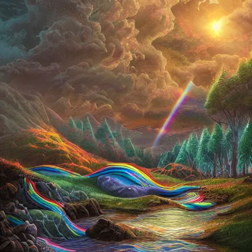 Prompt: Futurescape, rainbows, unicorns, highly detailed landscape art, 8k, 4k, trending on CGSOCIETY :: by Dan Mumford