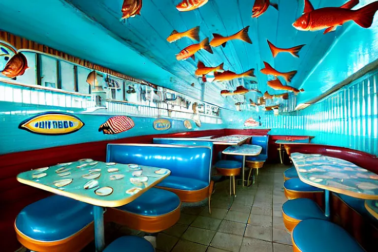 Image similar to 2 0 1 5 fish themed underwater american diner, googie architecture, two point perspective, americana, fishcore, restaurant interior photography, 8 5 mm, taken by alex webb