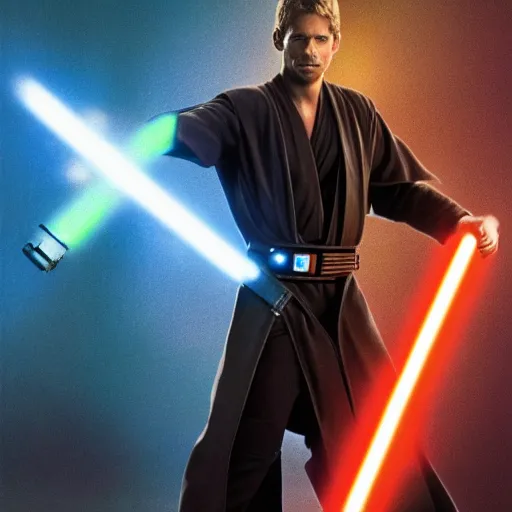 Image similar to Paul Walker as a jedi in star wars, holding a lightsabre. splash art, cinematic lighting, dramatic, octane render, long lens, shallow depth of field, bokeh, anamorphic lens flare, 8k, hyper detailed, 35mm film grain