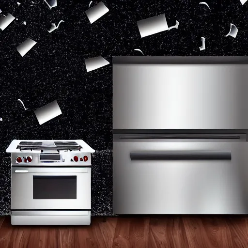 Prompt: kitchen appliances falling from the sky like rain