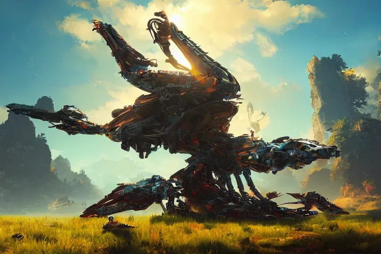 Image similar to glinthawk machine mecanical creature robot of horizon forbidden west horizon zero dawn radiating a glowing aura global illumination ray tracing hdr fanart arstation by ian pesty and alena aenami artworks in 4 k