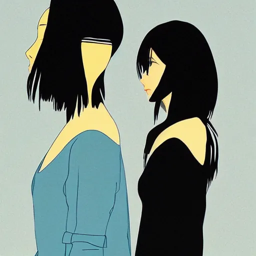 Image similar to 2 women standing side by side watching the sun go down by ilya kuvshinov